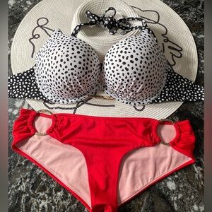 NWOT Polka Dot panther Bikini Set 34D/M hoop retro red bottoms
